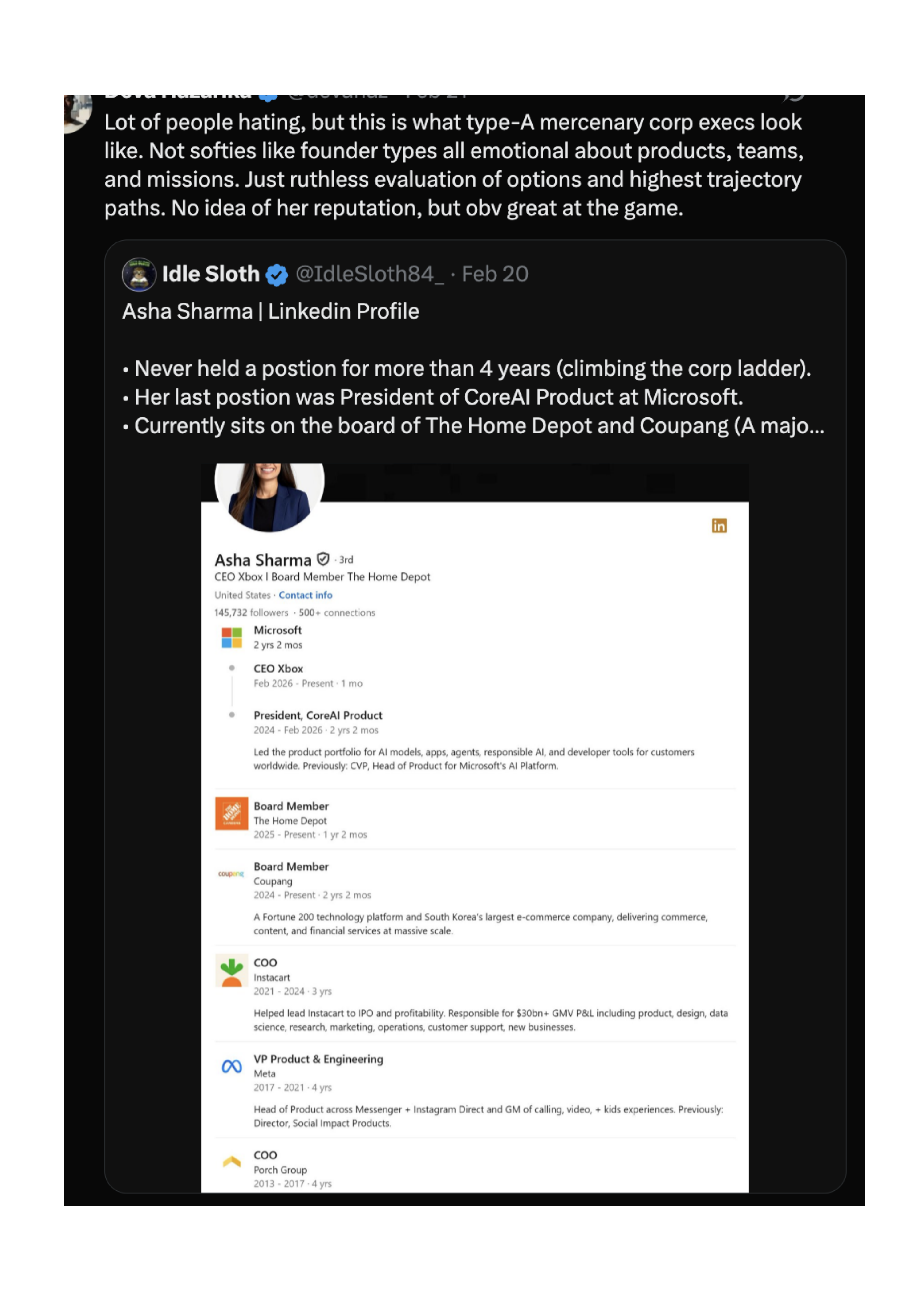 Asha Sharma LinkedIn and Dova Hazarika tweet