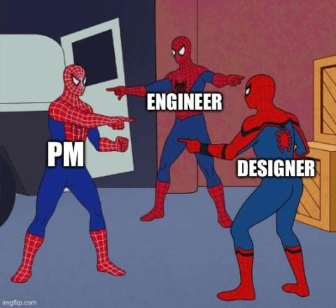 Spider-Man meme: PM, Engineer, Designer pointing at each other